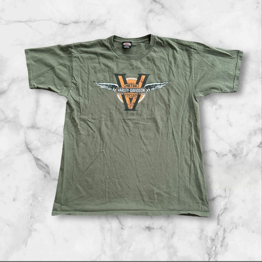 Harley Davidson SS Shirt Olive Green Size Large‎ Bravado Blue Ridge Hickory Sc